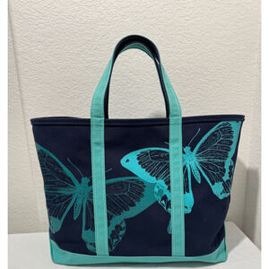 LL Bean Boat & Tote Bag Navy Blue Turquoise LARGE Size 15x22 Butterfly